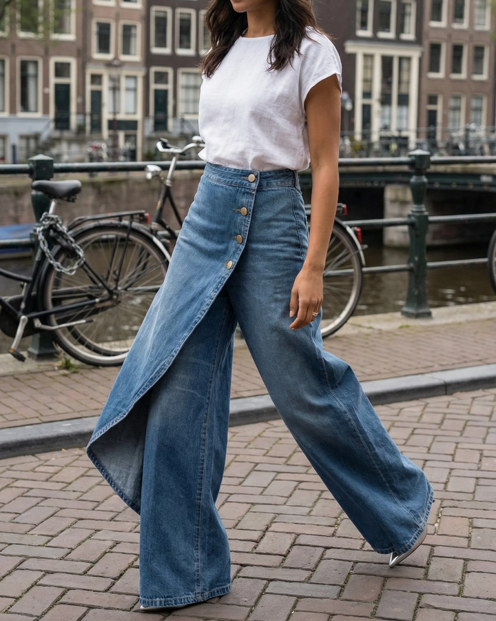 Pantalón Denim Cruzado – Delgado y Cómodo