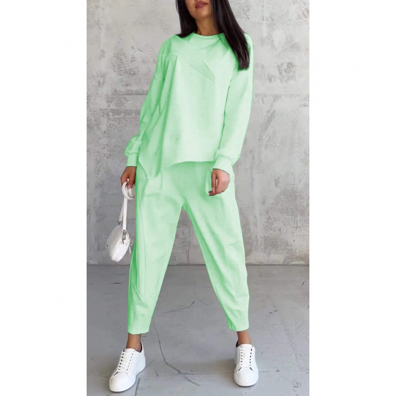 Conjunto de sudadera de manga larga con bajo irregular y pantalones para mujer