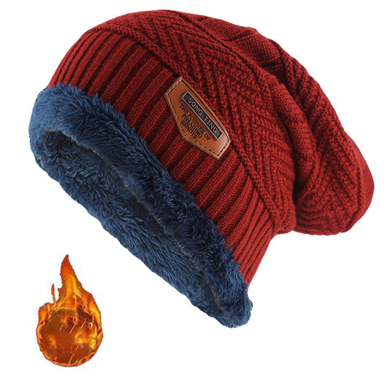Gorro de punto de cuero para hombres, invierno, con etiqueta, estilo slouchy, forrado de felpa gruesa