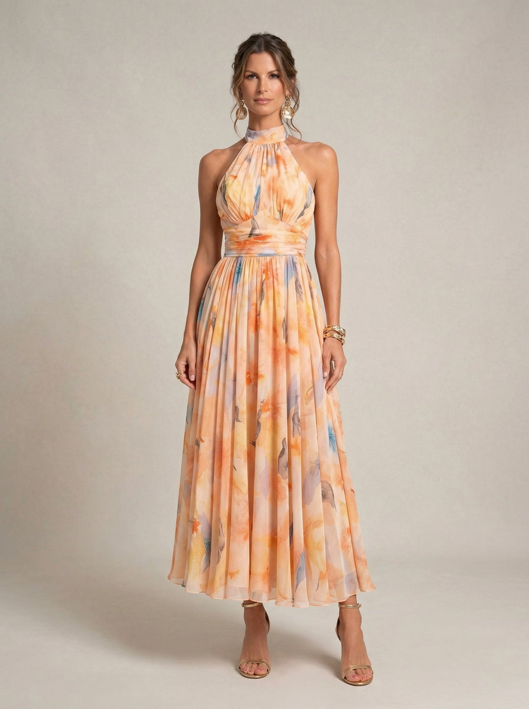 VESTIDO DE CUELLO HALTER CON ESTAMPADO ACUARELA