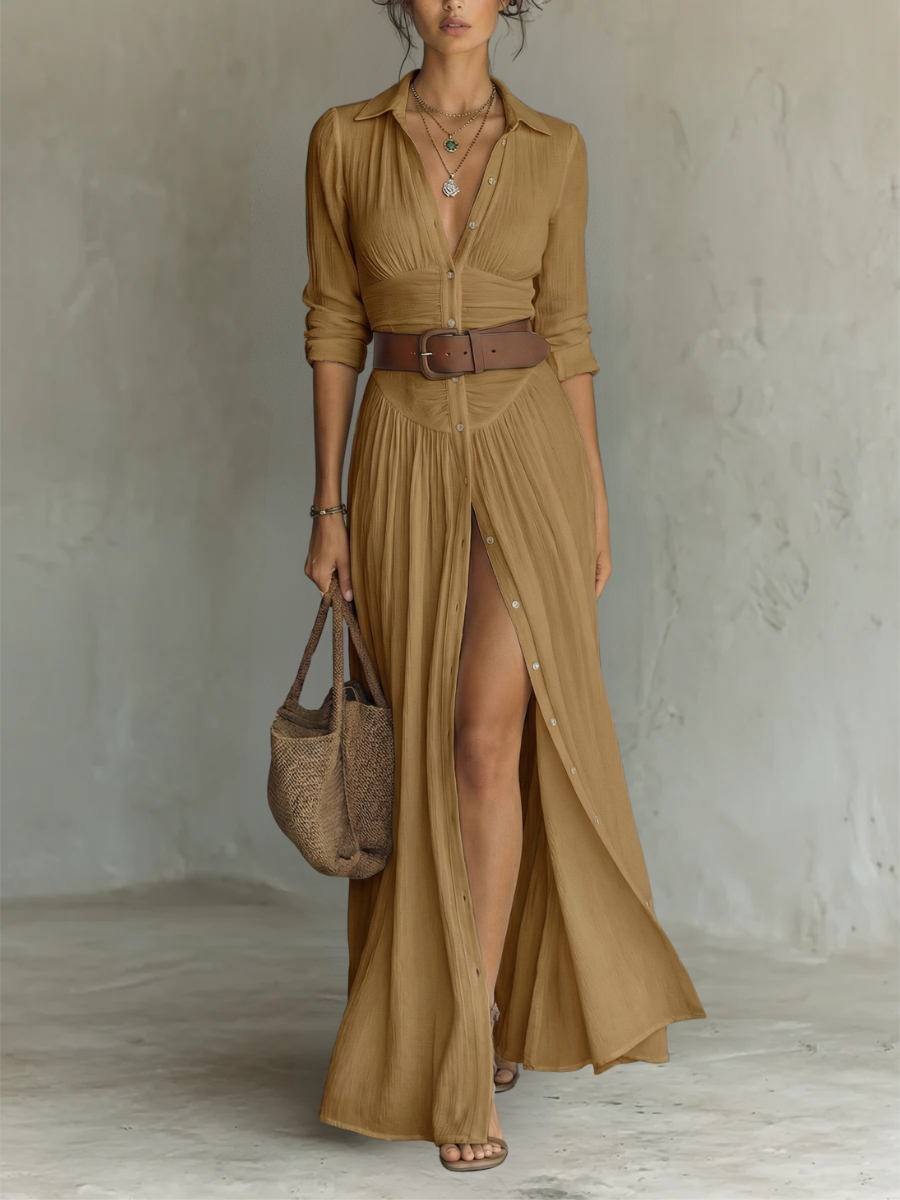 Amélia™ — Vestido Maxi Elegante con Cuello de Solapa