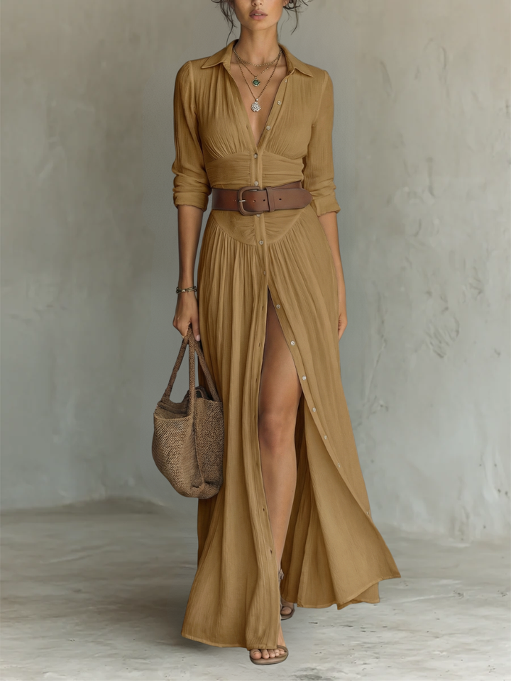 Amélia™ — Vestido Maxi Elegante con Cuello de Solapa