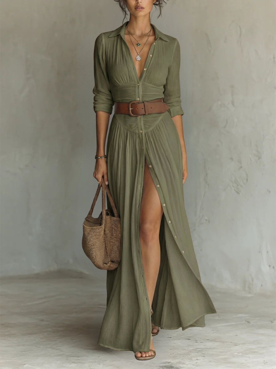 Amélia™ — Vestido Maxi Elegante con Cuello de Solapa