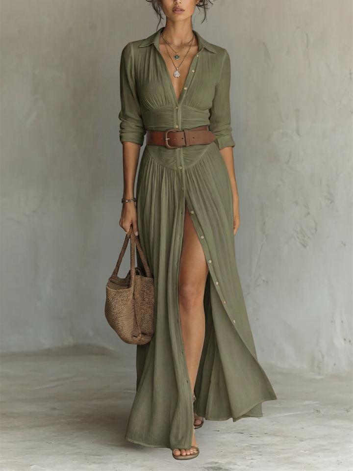Amélia™ — Vestido Maxi Elegante con Cuello de Solapa