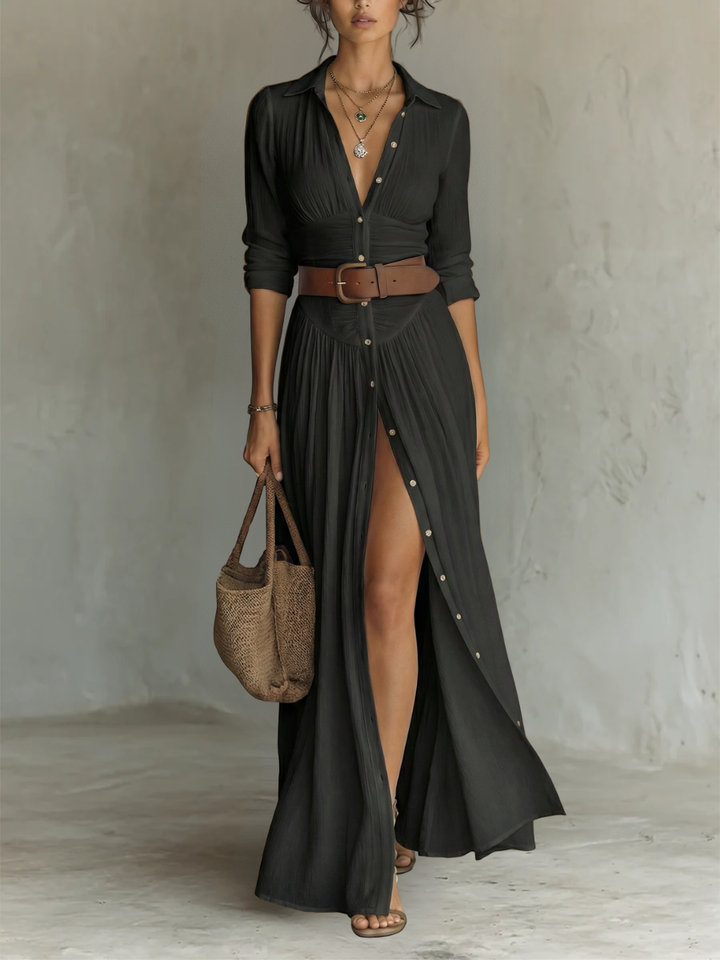 Amélia™ — Vestido Maxi Elegante con Cuello de Solapa