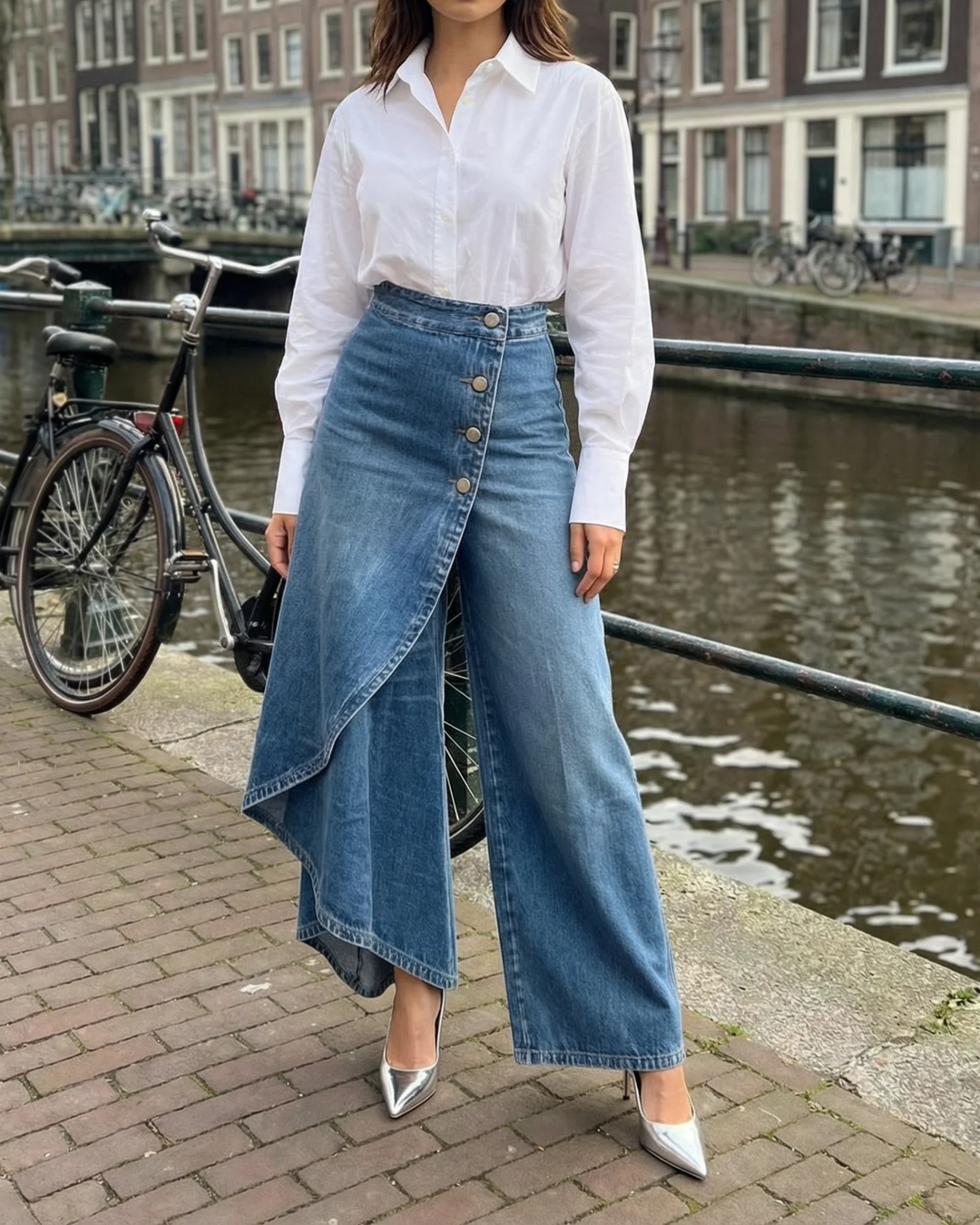 Pantalón Denim Cruzado – Delgado y Cómodo