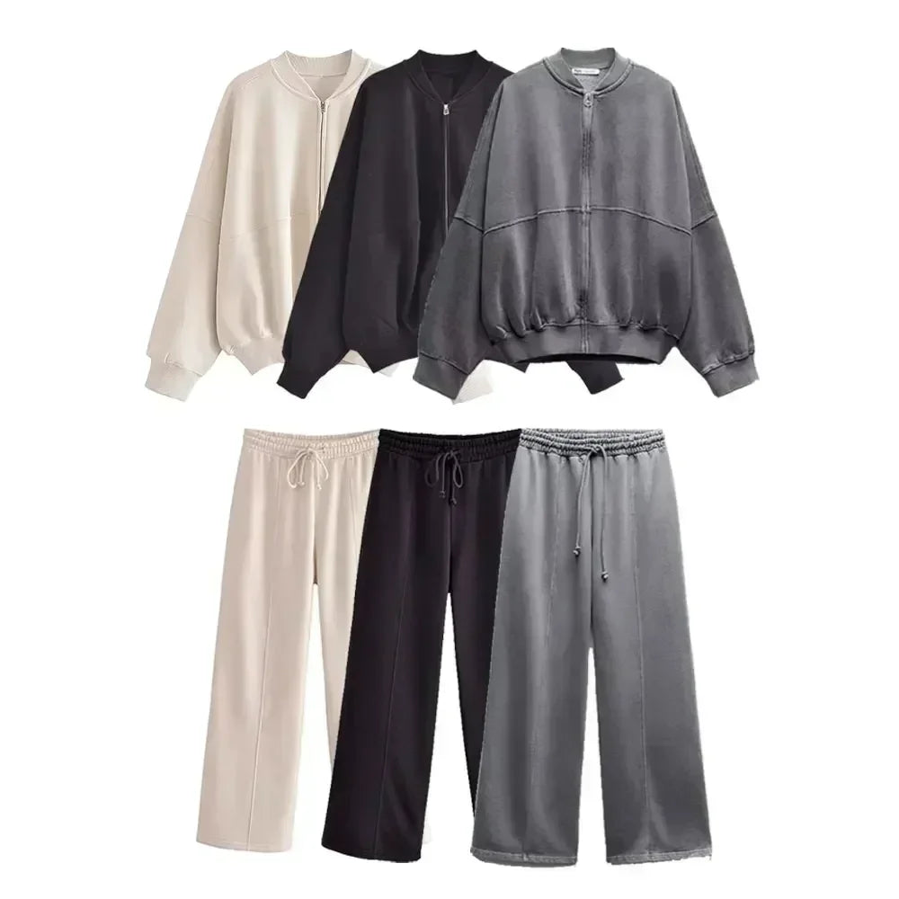 Conjunto Femenino de 2 Piezas – Sudadera Fleece & Pantalón de Talle Alto