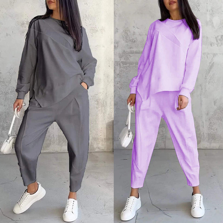 Conjunto de sudadera de manga larga con bajo irregular y pantalones para mujer