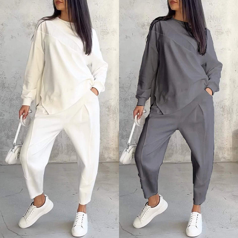 Conjunto de sudadera de manga larga con bajo irregular y pantalones para mujer