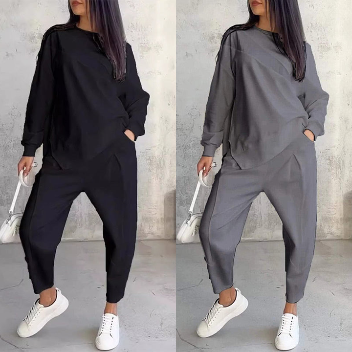 Conjunto de sudadera de manga larga con bajo irregular y pantalones para mujer