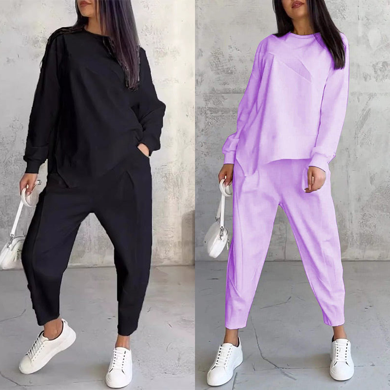 Conjunto de sudadera de manga larga con bajo irregular y pantalones para mujer