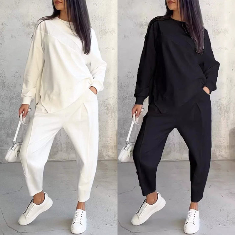 Conjunto de sudadera de manga larga con bajo irregular y pantalones para mujer