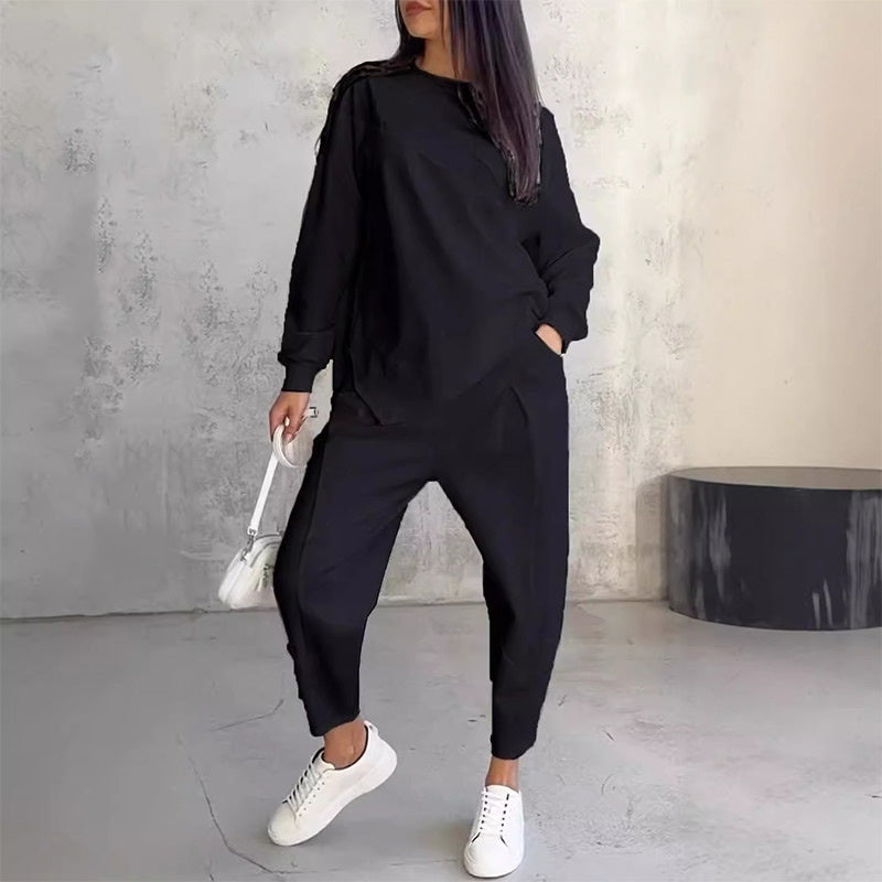 Conjunto de sudadera de manga larga con bajo irregular y pantalones para mujer