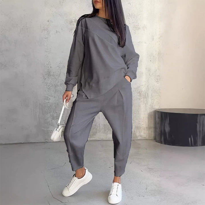 Conjunto de sudadera de manga larga con bajo irregular y pantalones para mujer