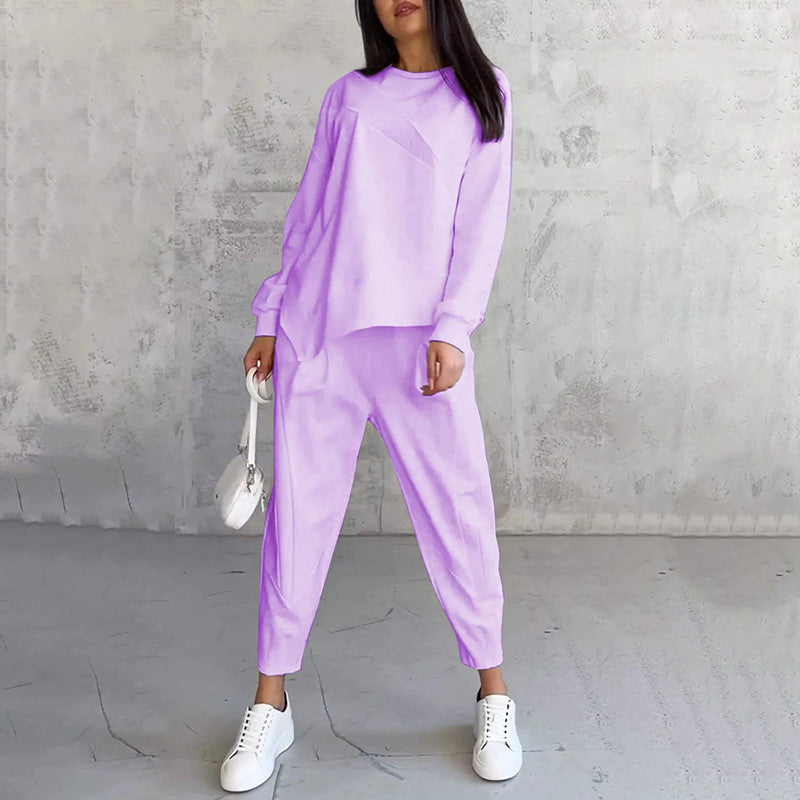 Conjunto de sudadera de manga larga con bajo irregular y pantalones para mujer